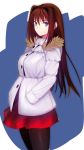  1girl aozaki_aoko black_legwear blue_eyes breasts brown_hair coat hands_in_pockets highres long_hair looking_at_viewer mahou_tsukai_no_yoru skirt solo tetsu_(kimuchi) winter_clothes winter_coat 