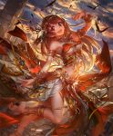  1girl :d anklet armlet artist_request bird bracelet brown_hair clouds cloudy_sky cygames dancer eyebrows_visible_through_hair jewelry long_hair looking_at_viewer navel official_art open_mouth plantar_flexion red_eyes revealing_clothes shadowverse shingeki_no_bahamut sky smile sun_oracle_pascale sunset 