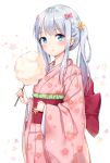  1girl :t alternate_hairstyle bangs blue_eyes blush bow closed_mouth cotton_candy eromanga_sensei eyebrows_visible_through_hair floral_background floral_print food hair_bow holding holding_food izumi_sagiri japanese_clothes kimono long_hair looking_at_viewer mamemena pink_bow pink_kimono silver_hair solo twintails upper_body white_background wide_sleeves 