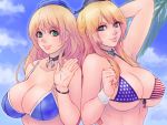  2girls alva american_flag_bikini arm_up atago_(kantai_collection) bare_shoulders bikini blonde_hair blue_bikini blue_eyes blue_sky breasts choker cleavage flag_print green_eyes highres iowa_(kantai_collection) kantai_collection large_breasts lips long_hair looking_at_viewer multiple_girls palm_tree parted_lips sky smile star star-shaped_pupils swimsuit symbol-shaped_pupils tree under_boob upper_body 