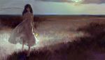  1girl barefoot black_hair blurry clouds cloudy_sky commentary dark depth_of_field dress field flower grass highres holding holding_flower horizon landscape long_hair looking_at_viewer original scenery sketch sky smile solo sundress tentsu twilight white_dress 