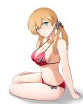  1girl anchor_symbol arms_at_sides bangs bare_arms bare_legs bare_shoulders bikini black_ribbon blonde_hair breasts cleavage closed_mouth collarbone commentary_request eyebrows_visible_through_hair foreshortening full_body head_tilt highres iron_cross kantai_collection long_hair looking_at_viewer looking_to_the_side low_twintails medium_breasts mono_(mono60) navel no_headwear prinz_eugen_(kantai_collection) red_bikini ribbon side-tie_bikini simple_background sitting smile solo stomach strap_gap string_bikini swimsuit tareme twintails white_background yokozuwari 