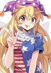  1girl american_flag_dress blonde_hair clownpiece e.o. fairy_wings hair_between_eyes hat highres jester_cap long_hair looking_at_viewer neck_ruff polka_dot red_eyes short_sleeves simple_background smile solo star star_print striped touhou upper_body v very_long_hair white_background wings 
