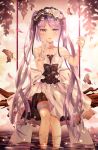  1girl absurdres bangs blurry blush butterfly depth_of_field dress euryale eyebrows_visible_through_hair fate/hollow_ataraxia fate_(series) frilled_hairband hairband highres junpaku_karen legs_together long_hair looking_at_viewer outdoors parted_lips petals purple_hair sitting soaking_feet solo swing tree_trunk twintails very_long_hair violet_eyes white_dress 