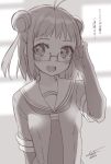  1girl :d adjusting_glasses antenna_hair arm_at_side backlighting bangs bespectacled blurry blurry_background blush breasts double_bun elbow_gloves glasses gloves greyscale hand_up kantai_collection ko_ru_ri looking_at_viewer monochrome naka_(kantai_collection) neckerchief open_mouth round_teeth school_uniform serafuku shirt short_hair short_sleeves small_breasts smile solo tareme teeth translation_request upper_body window 