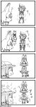  2girls animal_ears bucket_hat comic elbow_gloves gloves greyscale hat highres kaban_(kemono_friends) kemono_friends monochrome multiple_girls open_mouth panzuban serval_(kemono_friends) serval_ears short_hair skirt translation_request 