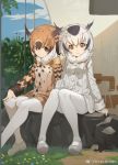  2girls :o :| arm_support beige_coat beige_shoes blonde_hair blue_sky brown_coat brown_hair building buttons closed_mouth clouds coat day eurasian_eagle_owl_(kemono_friends) expressionless eyebrows_visible_through_hair eyelashes flower full_body fur_collar grass grey_coat grey_hair grey_shoes ground hand_on_own_knee kemono_friends knees_together_feet_apart light_brown_eyes light_brown_hair long_sleeves looking_at_viewer mary_janes multicolored_coat multicolored_hair multiple_girls northern_white-faced_owl_(kemono_friends) open_mouth outdoors pantyhose pocket rock seinen shadow shoes silver_hair sitting sitting_on_rock sky sleeve_cuffs sunlight tree weibo_username white_hair white_legwear window 