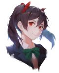  1girl black_hair black_jacket bow bowtie green_bow green_bowtie hair_between_eyes hair_ribbon highres jacket long_hair looking_at_viewer love_live! love_live!_school_idol_project portrait red_eyes red_ribbon ribbon school_uniform signature simple_background smile sola7764 solo twintails white_background yazawa_nico 
