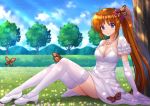  blush breasts butterfly cleavage commentary dress elbow_gloves eyebrows_visible_through_hair gloves hair_ornament high_heels highres jewelry kazenokaze looking_at_viewer lyrical_nanoha mahou_shoujo_lyrical_nanoha medium_breasts necklace side_ponytail sitting smile takamachi_nanoha thigh-highs white_dress white_legwear 