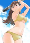  1girl alternate_costume armpits arms_up bikini blue_sky blush breasts brown_eyes brown_hair closed_mouth clouds commentary_request day hair_between_eyes holding holding_torpedo kantai_collection long_hair looking_at_viewer looking_down masukuza_j medium_breasts navel o-ring_bikini o-ring_top ooi_(kantai_collection) sideboob sky solo swimsuit torpedo under_boob yellow_bikini 