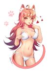  1girl ahoge animal_ears bikini breasts cat_ears cat_tail cleavage dermiss finger_to_tongue gluteal_fold heart long_hair looking_at_viewer medium_breasts navel original paw_pose paw_print pink_eyes pink_hair side-tie_bikini simple_background solo swimsuit tail tongue tongue_out twitter_username white_background white_bikini 