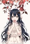  1girl bangs black_hair covered_mouth dress food frills fruit grey_eyes hair_between_eyes hands_up holding holding_fruit inuinushell leaf long_hair looking_at_viewer original solo upper_body wavy_hair white_dress 