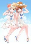  2girls :d adjusting_clothes adjusting_hat alternate_costume alternate_headwear arm_up bangs bare_legs blonde_hair blue_eyes blue_sky blunt_bangs blush bow breasts brown_hair casual cleavage closed_mouth clouds collarbone day dress flower fumako hair_flower hair_ornament hand_holding hand_on_headwear hat hat_bow head_tilt hibiscus interlocked_fingers invisible_chair kantai_collection looking_at_viewer multiple_girls no_socks open_mouth red_eyes sailor_dress sandals shiny shiny_hair short_hair sitting sky sleeveless sleeveless_dress small_breasts smile straw_hat sundress tareme waving white_bow white_dress z1_leberecht_maass_(kantai_collection) z3_max_schultz_(kantai_collection) 