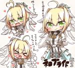  &gt;_&lt; 1girl ahoge blonde_hair blush closed_eyes fate/grand_order fate_(series) green_eyes heart jako_(jakoo21) looking_at_viewer open_mouth saber_bride saber_extra short_hair smile solo text translation_request 