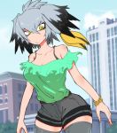  1girl alternate_costume bare_shoulders black_bra blouse bra breasts building casual city cleavage collarbone commentary_request day feathers frills grey_hair head_wings kemono_friends large_breasts no_nose nuka_cola06 off_shoulder outdoors shoebill_(kemono_friends) shorts side_ponytail sky solo thigh-highs underwear yellow_eyes 