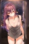  1girl absurdres alternate_costume arms_behind_back bare_arms bare_shoulders black_shorts breasts collarbone contemporary fate/grand_order fate_(series) gluteal_fold highres hplay large_breasts long_hair looking_at_viewer night night_sky open_door outdoors purple_hair red_eyes scathach_(fate/grand_order) shorts sideboob sky smile tank_top thighs very_long_hair 