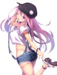  1girl ;p absurdres adjusting_clothes adjusting_shoe blue_eyes crop_top highres hyui_cf2 leg_up long_hair looking_at_viewer looking_back one_eye_closed pink_hair shorts solo suspender_shorts suspenders tongue tongue_out white_background 