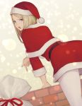  1girl arm_support bag blonde_hair blue_eyes commentary_request from_behind hat keemu_(occhoko-cho) leaning_forward long_hair looking_at_viewer open_mouth original pantyhose pointing santa_costume santa_hat solo standing wall white_legwear 