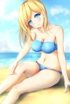  1girl absurdres arm arm_support bare_arms bare_legs bare_shoulders beach bikini blonde_hair blue_bikini blue_eyes blue_swimsuit blush breasts cleavage clouds collarbone day female head_tilt highres knee_up large_breasts legs long_hair looking_at_viewer midriff navel ocean outdoors parted_lips rodney_(zhan_jian_shao_nyu) sand sea shiny shiny_hair sitting sketch sky solo strapless strapless_bikini strapless_swimsuit swimsuit walding zhan_jian_shao_nyu 