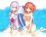  2girls ahoge alternate_costume bikini black-framed_eyewear eyes_visible_through_hair fate/grand_order fate_(series) fujimaru_ritsuka_(female) hair_ornament hair_over_one_eye hair_scrunchie highres hood hooded_jacket jacket looking_at_viewer looking_to_the_side midriff multicolored multicolored_bikini multicolored_clothes multiple_girls navel open_clothes open_jacket orange_eyes orange_hair purple_hair scrunchie shielder_(fate/grand_order) short_hair side-tie_bikini side_ponytail sitting smile striped striped_bikini swimsuit thighs tyanotya violet_eyes 