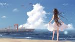 1girl aircraft airplane barefoot beach brown_hair clouds commentary_request condensation_trail day dock dress ericsakura fighter_jet from_behind jet long_hair military military_vehicle original outdoors scenery see-through ship skirt_hold sky solo standing water watercraft waves white_dress wind 