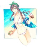  1girl alternate_costume alternate_hairstyle asymmetrical_hair bare_shoulders beach bikini black_hair blush braid breasts brown-framed_eyewear closed_mouth cola collarbone cowboy_shot cropped_legs food glasses green_eyes green_hairband halter_top halterneck hamburger highres kantai_collection long_hair looking_at_viewer navel ooyodo_(kantai_collection) open_clothes open_shirt plaid plaid_shirt semi-rimless_glasses shirt short_sleeves small_breasts smile soda_cup solo stomach swimsuit twin_braids under-rim_glasses white_bikini yuuji_(and) 