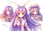  3girls animal_ears beads blue_bow book bow brown_hair gap gradient_hair hat hat_ribbon hijiri_byakuren jewelry long_hair mob_cap multicolored_hair multiple_girls necklace necktie open_mouth patchouli_knowledge pjrmhm_coa prayer_beads puffy_sleeves purple_hair rabbit_ears red_bow red_eyes red_necktie reisen_udongein_inaba ribbon shirt short_sleeves simple_background smile touhou violet_eyes white_background 
