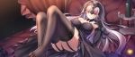  1girl ame_wa_a_ga_tsutano? apple ass black_legwear blonde_hair bottle breasts elbow_gloves fate/grand_order fate_(series) food fruit garter_straps gloves headpiece highres jeanne_alter large_breasts long_hair looking_at_viewer lying on_back on_bed panties pillow ruler_(fate/apocrypha) smile solo thigh-highs traditional_media underwear watercolor_pencil_(medium) wine_bottle yellow_eyes 