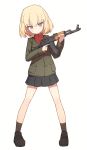  1girl ak-47 assault_rifle bangs black_legwear black_shoes black_skirt blonde_hair blue_eyes closed_mouth coupon_(skyth) full_body girls_und_panzer green_jacket gun highres holding holding_weapon jacket katyusha loafers long_sleeves looking_at_viewer machine_gun miniskirt pleated_skirt pravda_school_uniform red_shirt rifle school_uniform shirt shoes short_hair simple_background skirt socks solo standing turtleneck weapon white_background 