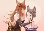  2girls animal_ears applying_makeup bangs bare_back bare_shoulders bent_over breasts bridal_gauntlets brown_hair cleavage erun_(granblue_fantasy) frills granblue_fantasy green_eyes grey_hair hair_ornament halterneck hip_vent it_apollo long_hair looking_at_another makeup_brush medium_breasts metella_(granblue_fantasy) mole mole_under_mouth multiple_girls short_hair sutera_(granblue_fantasy) thigh-highs very_long_hair violet_eyes worried 