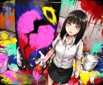  1girl black_hair boxing_gloves broken_heart commentary_request halo looking_at_viewer oekaki_musume original paint paint_can paint_on_clothes paint_on_face paint_splatter painting pun punching_bag shirt skirt solo tagme white_pupils yajirushi_(chanoma) 