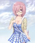  1girl alternate_costume ashfair breasts casual cleavage clouds cloudy_sky cowboy_shot fate/grand_order fate_(series) glasses hair_over_one_eye hood hoodie purple_hair shielder_(fate/grand_order) sky smile solo violet_eyes 
