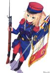  &gt;:) 1girl bangs bayonet belt belt_pouch between_breasts blonde_hair blue_eyes blush boots breasts commentary_request double-breasted epaulettes flag flagpole french french_flag full_body gun hair_ornament hair_rings hat highres holding holding_gun holding_weapon jacket karo-chan long_hair medium_breasts military military_uniform original pants peaked_cap rifle shadow simple_background solo standing twitter_username uniform weapon white_background world_war_i x_hair_ornament 