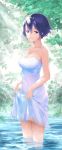  1girl bare_shoulders blue_eyes blue_hair breasts cleavage day dress dress_lift highres it_apollo lifted_by_self looking_at_viewer original short_hair sketch spaghetti_strap sundress wading water white_dress 
