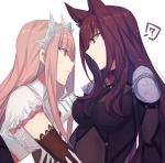  2girls ? aoki_shizumi blush bodysuit collar elbow_gloves face-to-face fate/grand_order fate_(series) from_side gloves holding kemonomimi_mode leash long_hair medb_(fate/grand_order) multiple_girls pink_hair purple_bodysuit purple_hair red_eyes scathach_(fate/grand_order) short_sleeves simple_background smile spoken_question_mark straight_hair tiara upper_body wavy_hair white_background yellow_eyes yuri 