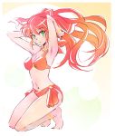  1girl anklet bikini bikini_top bracelet green_eyes hair_ribbon iesupa jewelry necklace pyrrha_nikos red_bikini redhead ribbon rwby solo swimsuit 