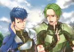  2boys adusa armor artist_name blue_eyes blue_hair clouds fingerless_gloves fire_emblem fire_emblem_echoes:_mou_hitori_no_eiyuuou force_(fire_emblem) gloves green_eyes green_hair male_focus multiple_boys one_eye_closed open_mouth paison teeth upper_body 