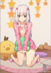  1girl aqua_eyes blurry blush bow breasts buttons carpet clenched_hands collarbone collared_shirt eromanga_sensei frilled_shirt frilled_shirt_collar frilled_sleeves frills full_body gradient_hair hair_bow hair_ornament hair_ribbon holding holding_stuffed_animal indoors izumi_sagiri kneeling lavender_hair long_hair long_sleeves looking_at_viewer low-tied_long_hair mobile multicolored_hair no_pants open_clothes open_shirt pajamas pillow pink_bow pink_ribbon pink_shirt ribbon room seinen shadow shirt shy silver_hair slippers small_breasts solo star stuffed_animal stuffed_duck stuffed_octopus stuffed_toy table teeth tress_ribbon two-tone_hair weibo_username 