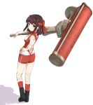  1girl bangs black_boots boots closed_mouth dynamo_roller_(splatoon) elbow_pads full_body girls_und_panzer hand_on_hip headband holding holding_weapon knee_pads kondou_taeko light_smile looking_at_viewer looking_back red_headband red_legwear red_shirt red_shorts shadow shirt short_hair short_shorts shorts simple_background sleeveless sleeveless_shirt socks solo splatoon sportswear standing suke_(momijigari) volleyball_uniform weapon white_background 