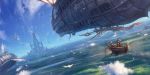  1boy 1girl adjusting_headwear airship bird blurry city clouds commentary depth_of_field dutch_angle fantasy flying highres horizon lake landscape makkou_4 original scenery signature sky wings 