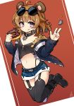  1girl :q ahoge animal_ears bear_ears black_boots black_choker black_legwear black_shirt blue_shorts boots brown_hair dated doughnut food full_body girls_frontline grizzly_mkv_(girls_frontline) jacket jumping knee_boots looking_at_viewer mou_tama_maru red_background shirt short_hair shorts signature smile solo sunglasses sunglasses_on_head thigh-highs thigh_strap tongue tongue_out violet_eyes 
