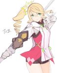  1girl alisha_diphda blonde_hair breasts drill_hair eyebrows_visible_through_hair gloves green_eyes highres holding holding_weapon long_hair short_shorts shorts side_ponytail single_gauntlet sketch small_breasts smile solo tales_of_(series) tales_of_zestiria tetsu_(kimuchi) weapon 