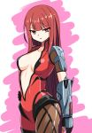  1girl alice360 bodysuit breasts cleavage cosplay crimson_avenger_(elsword) elesis_(elsword) elsword gloves highres long_hair looking_at_viewer medium_breasts overwatch red_eyes redhead solo very_long_hair widowmaker_(overwatch) widowmaker_(overwatch)_(cosplay) 