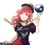  1girl black_blouse blouse chains earth_(ornament) fingernails hat hecatia_lapislazuli kayako_(tdxxxk) long_hair moon_(ornament) multicolored multicolored_clothes multicolored_skirt off_shoulder pale_skin parted_lips polos_crown red_eyes redhead shirt skirt smile solo t-shirt touhou white_background 