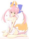  1girl alternate_costume animal_ears apron barefoot blush bow breasts fate/extra fate_(series) fox_ears fox_tail hair_bow heart kurikara large_breasts long_hair naked_apron open_mouth pink_hair ribbon sitting smile solo spoken_heart tail tamamo_(fate)_(all) tamamo_no_mae_(fate) twintails twitter_username v_arms wariza yellow_eyes 
