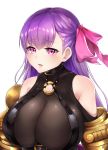  1girl 28aarts absurdres bangs bare_shoulders blush breasts claws cleavage fate/extra fate/extra_ccc fate/grand_order fate_(series) grey_background hair_ribbon highres huge_breasts long_hair parted_lips passion_lip pink_ribbon purple_hair ribbon simple_background solo upper_body violet_eyes 