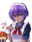  2girls alternate_costume apron assassin_(fate/prototype_fragments) dark_skin enmaided fate/grand_order fate/prototype fate/prototype:_fragments_of_blue_and_silver fate_(series) fujimaru_ritsuka_(female) haura_akitoshi maid maid_apron maid_headdress multiple_girls orange_hair purple_hair riyo_(lyomsnpmp)_(style) short_hair short_sleeves side_ponytail simple_background violet_eyes white_background wrist_cuffs yellow_eyes 