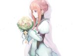  1girl bouquet double_bun enicia flower highres kan_osyt leaf pink_hair simple_background solo summon_night summon_night_4 upper_body violet_eyes white_background 