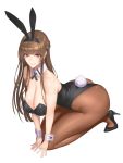  1girl all_fours animal_ears bangs bare_shoulders blunt_bangs blush breasts brown_hair brown_legwear bunny_girl bunny_tail bunnysuit cleavage daglasses detached_collar fake_animal_ears high_heels highres large_breasts leotard long_hair looking_at_viewer original pantyhose rabbit_ears red_eyes simple_background solo tail white_background wrist_cuffs 