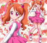  1girl ;d food_themed_hair_ornament full_body hair_ornament hanzou kirakira_precure_a_la_mode looking_at_viewer one_eye_closed open_mouth orange_hair pink_eyes pink_skirt precure short_hair skirt smile solo strawberry_hair_ornament twintails usami_ichika 